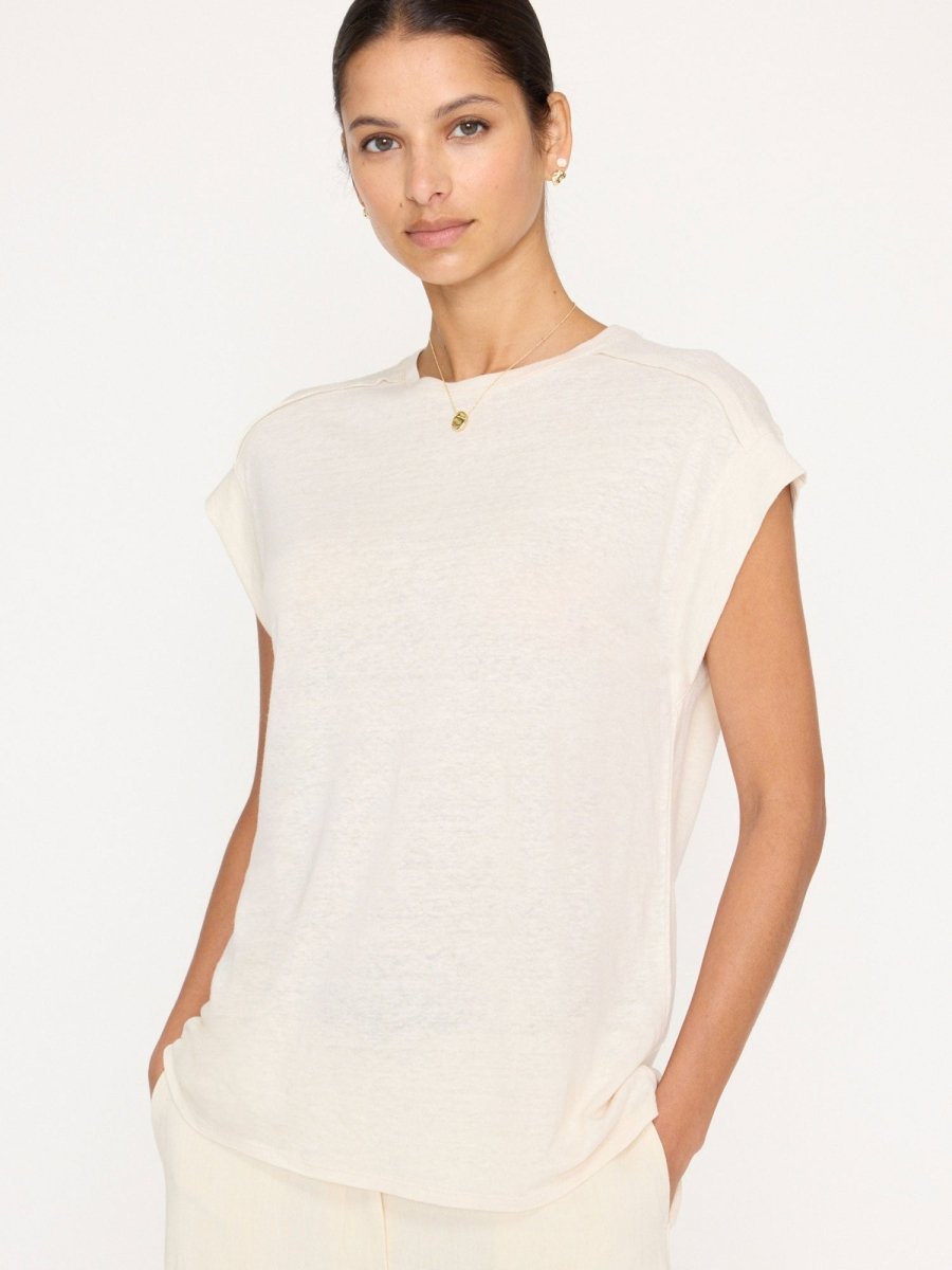 Georgie short sleeves linen beige tee front view
