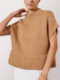 Women's camel sweater with short sleeves, mock neck, and wide ribbed hem for a cozy, structured silhouette.