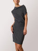 Knit dress for women in charcoal gray with a wide neckline, ribbed waist, and short sleeves for a cozy-chic look.