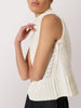 Women's knitted tank top in ivory with a high neckline and textured ribbed hem detail.