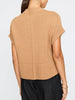 Camel women's sleeveless sweater with chunky knit texture, rolled armholes, and a high crew neck.