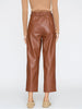 Women's brown vegan leather pants with a high waist and wide cropped legs, paired with beige suede loafers.