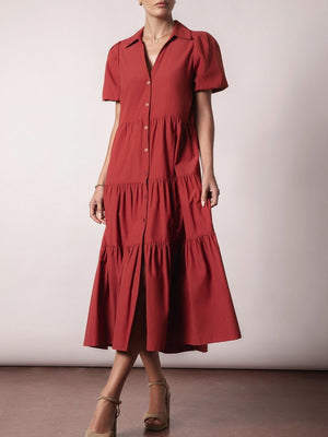 Havana tiered midi dress burnt red front view