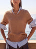 Arden tan with blue oxford layered v-neck sweater front view 3