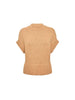 Ribbed women's sweater in camel with short sleeves, a chunky knit texture, and a high crew neckline.