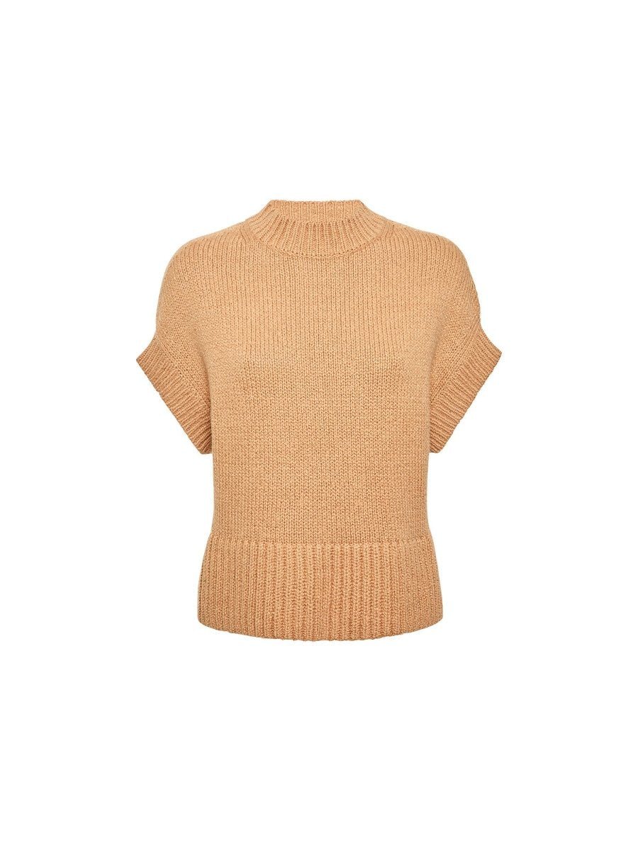 Ribbed women's sweater in camel with short sleeves, a chunky knit texture, and a high crew neckline.