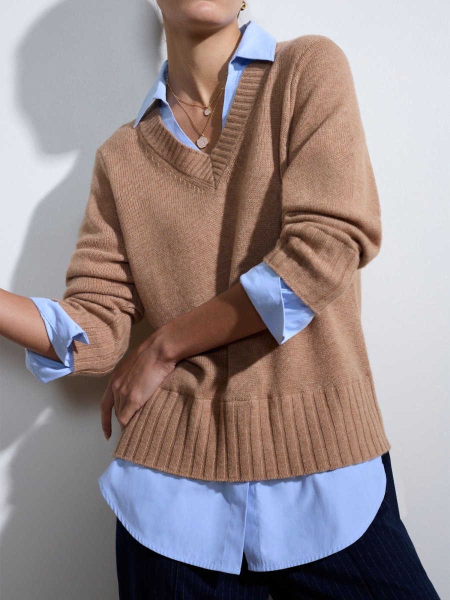 Arden tan with blue oxford layered v-neck sweater front view