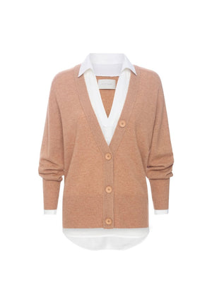 Designer women's cardigan in camel with button front and built-in white collared shirt for a layered, polished look.