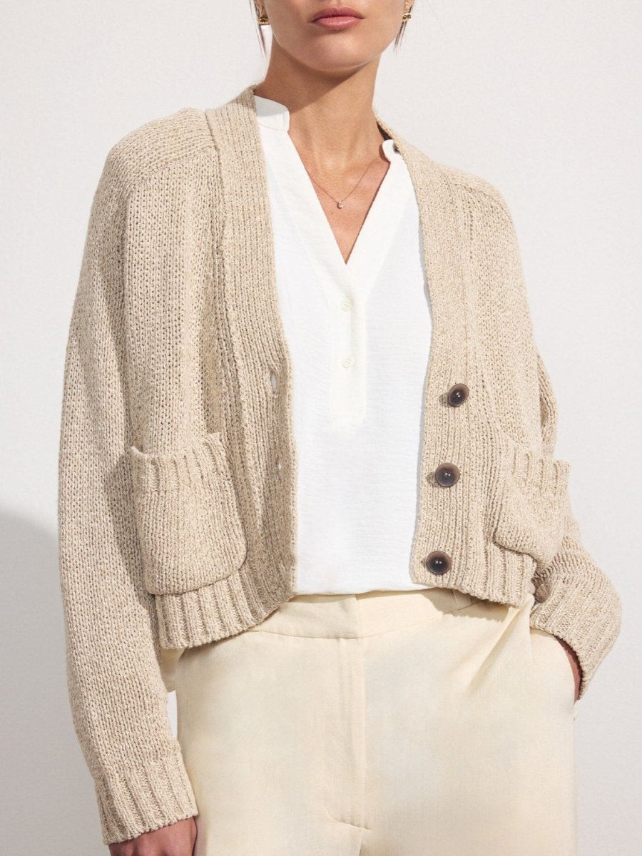 Cropped beige linen cotton cardigan sweater front view