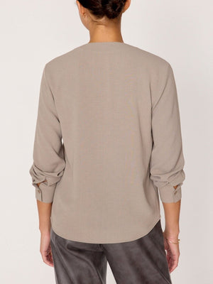 Elena V-neck tan blouse back view