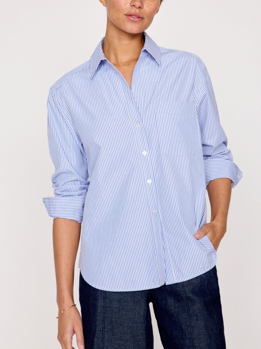 Everyday button up blue stripe shirt front view 3