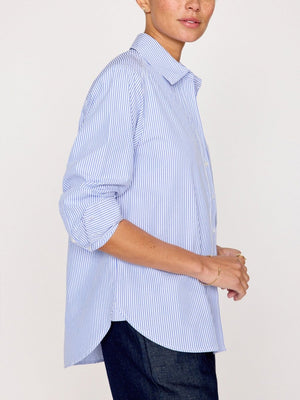 Everyday button up blue stripe shirt side view