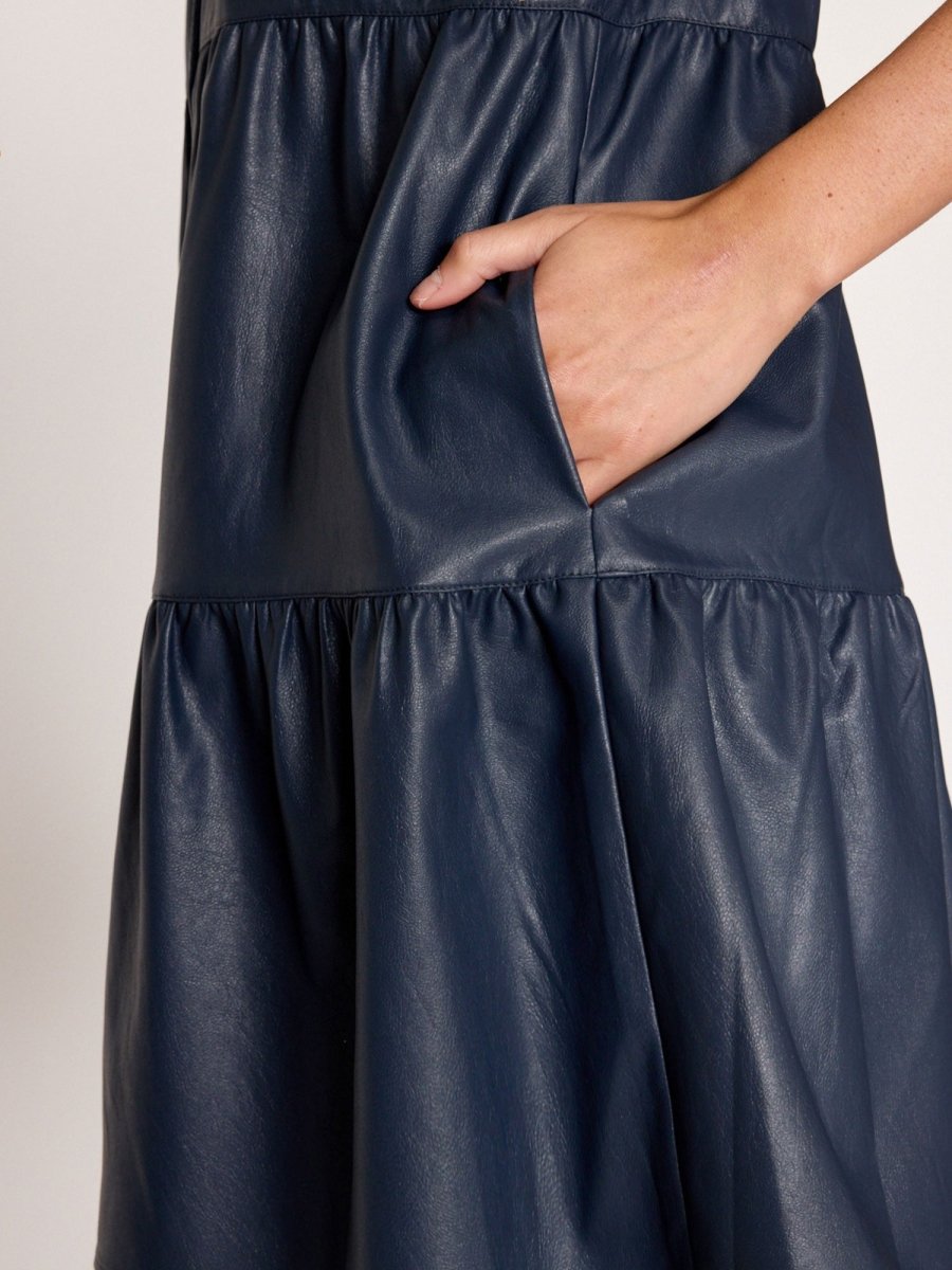 Fia belted navy pinstripe midi dress pocket closeup view