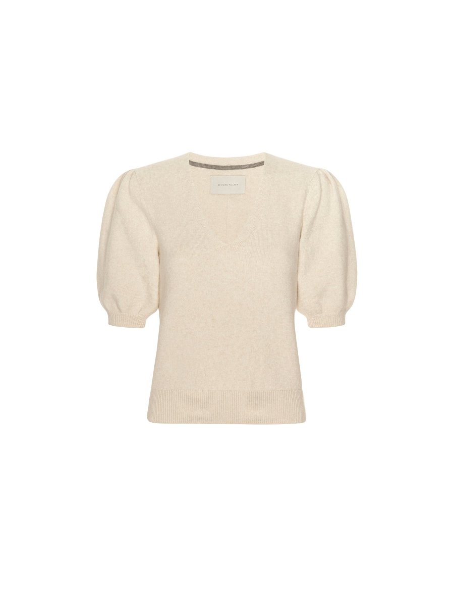 V neck sweater for women in ivory with puff sleeves and ribbed detailing at the hem and cuffs.