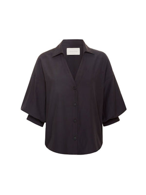 Kate V-neck button up black shirt flat view