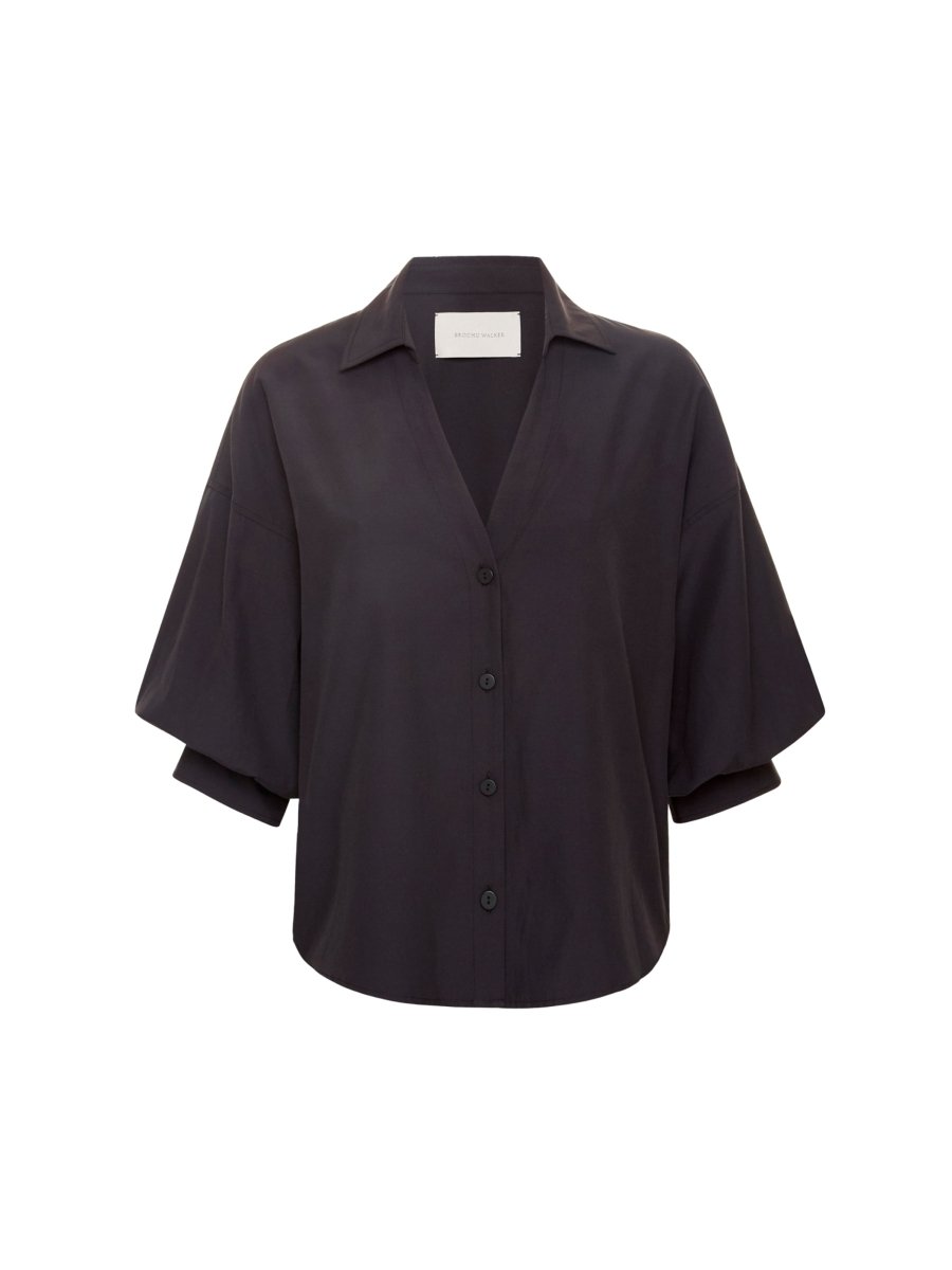 Kate V-neck button up black shirt flat view