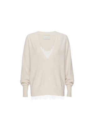White lace layered v-neck sweater flat view