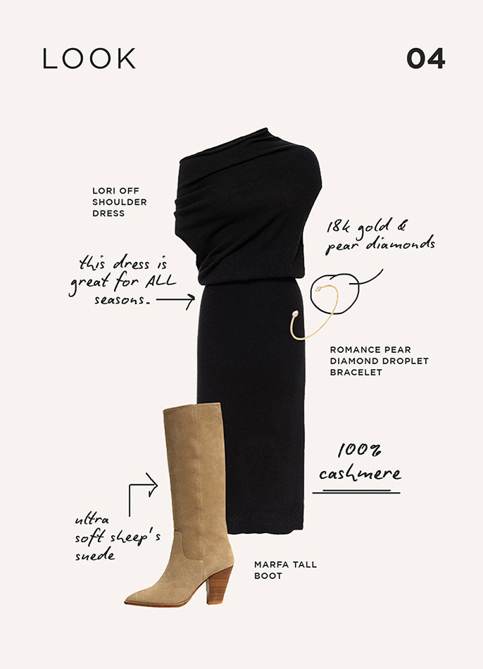 a look from brochu walker look guide dispalyinga black off shoulder dress and brown boots