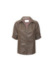 Brown leather shirt for women featuring short sleeves, a collared neckline, and button-down front in a structured silhouette.