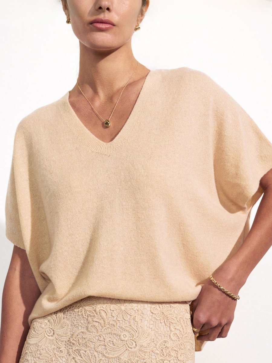 Ophi cashmere tan V-neck t-shirt top front view