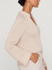 Aria stand collar deep v neckline beige sweater side view