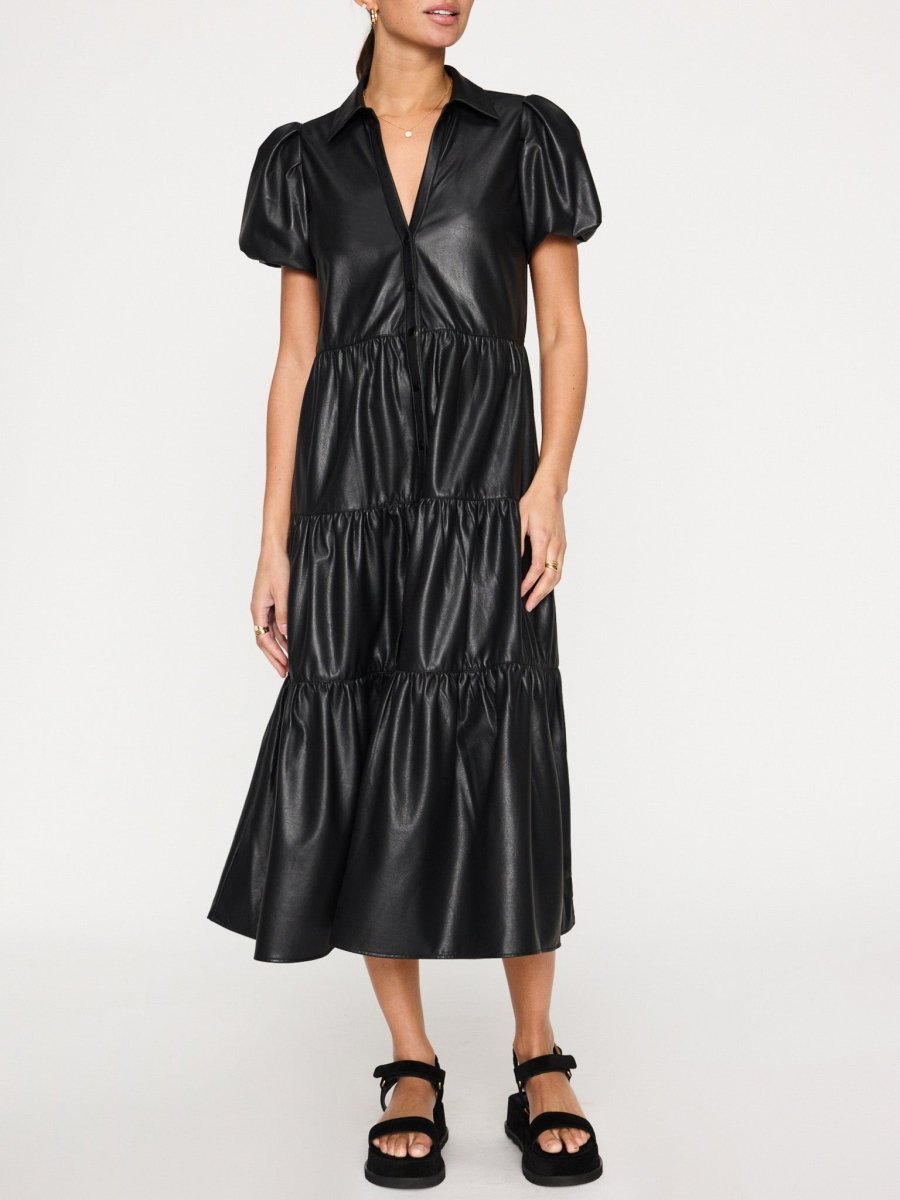 Havana tiered vegan leather midi dress black front view 2