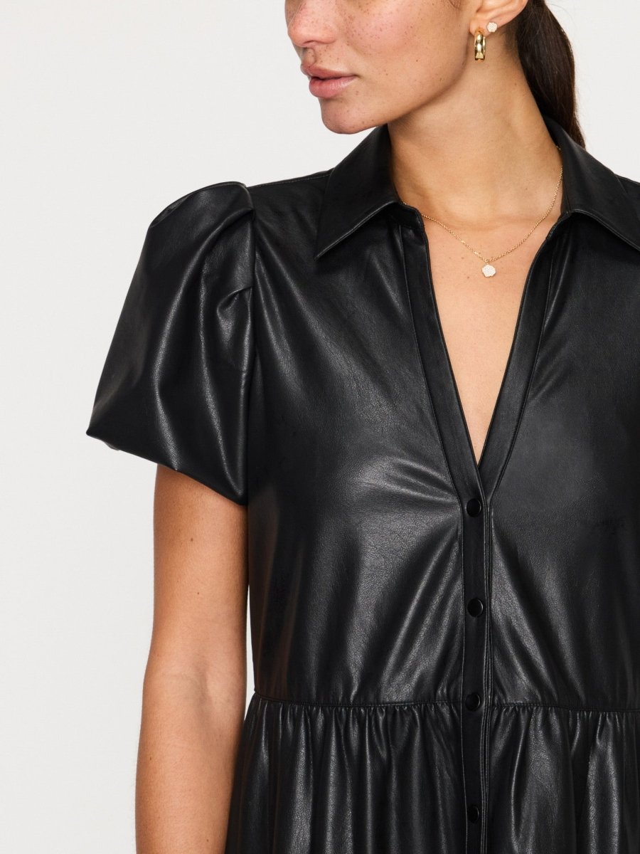 Havana tiered vegan leather midi dress black close up