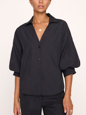 Kate V-neck button up black shirt front view