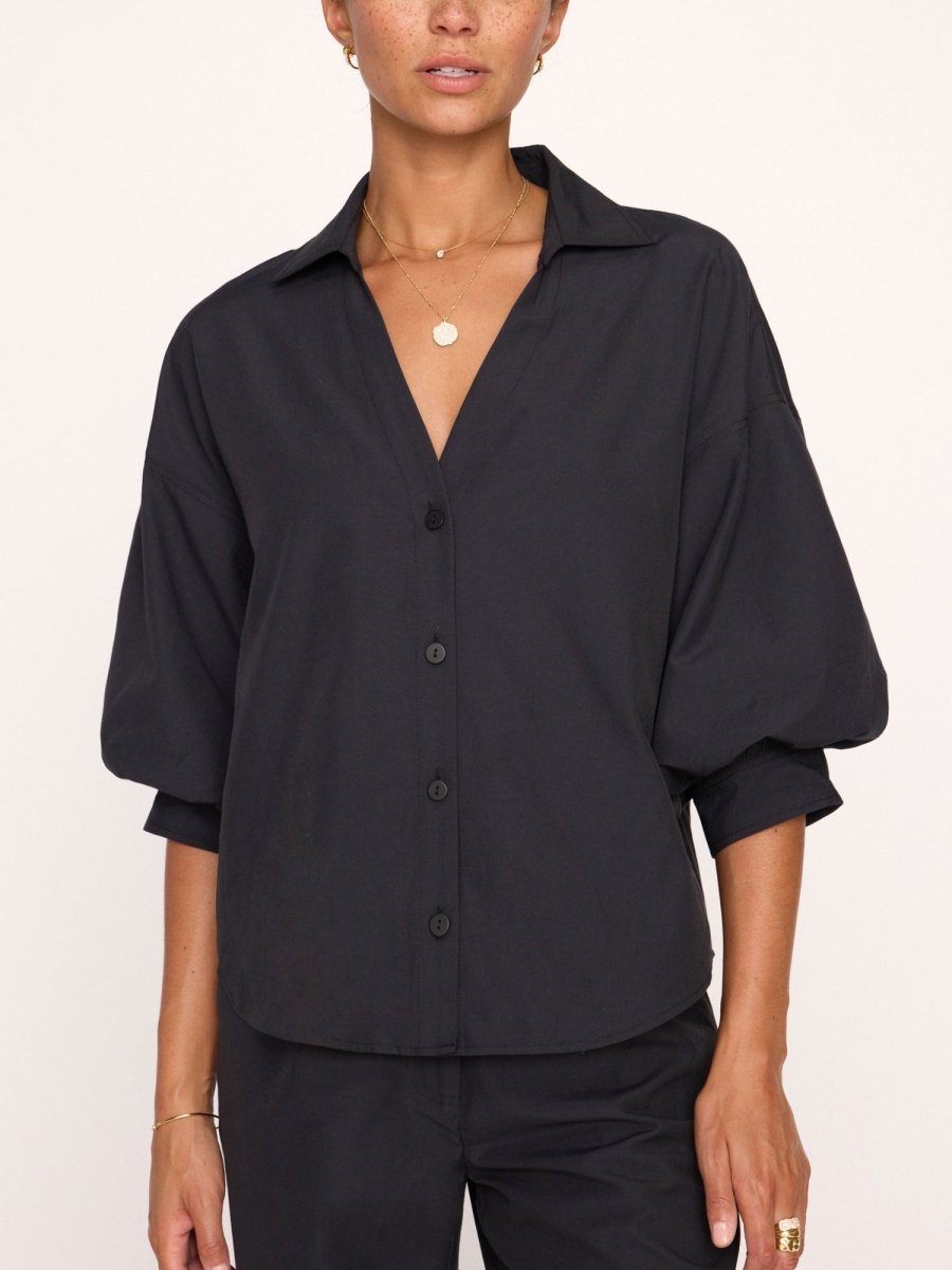 Kate V-neck button up black shirt front view
