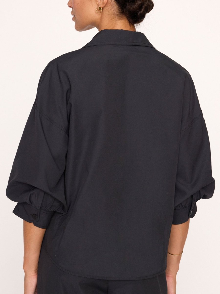 Kate V-neck button up black shirt back view