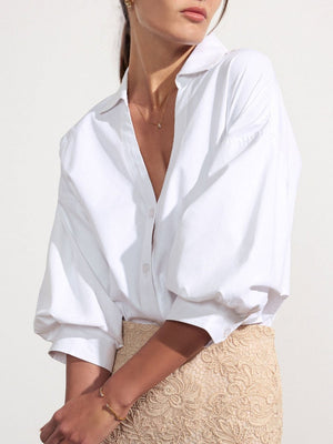 Kate V-neck button up white shirt front view 2