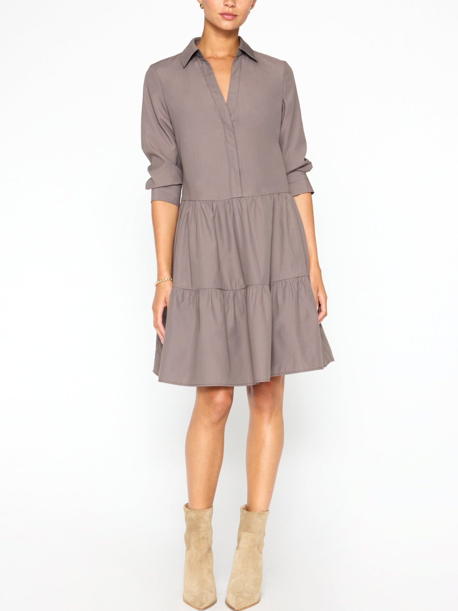 Hannah tiered mini shirtdress brown front view
