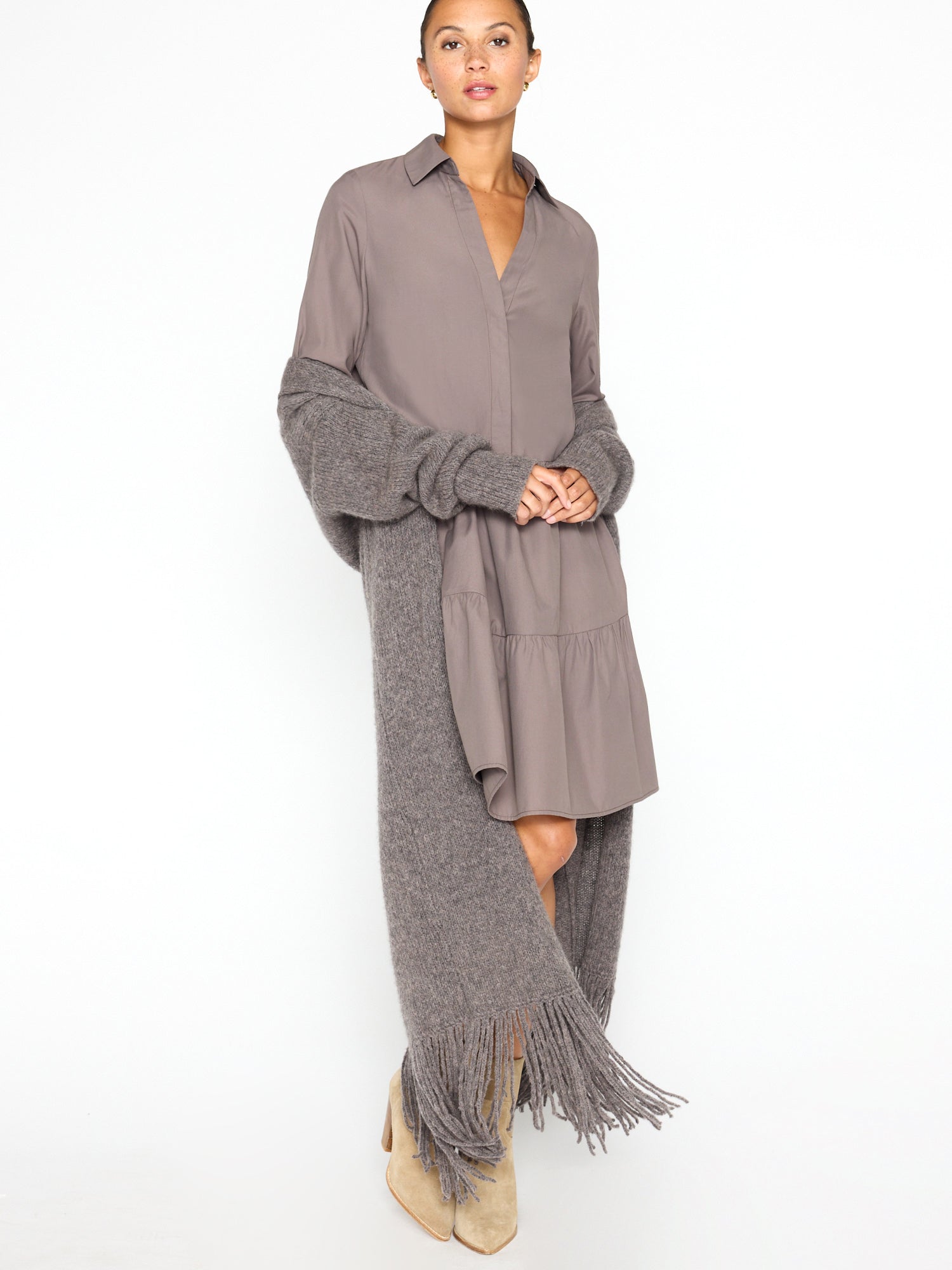 Hannah tiered mini shirtdress brown front view 2