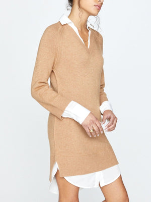 Looker layered v-neck tan mini sweater dress side view