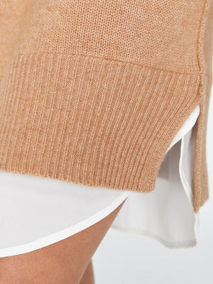 Looker layered v-neck tan mini sweater dress close up 2