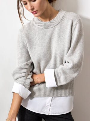 Raya grey ruched layered crewneck sweater front view