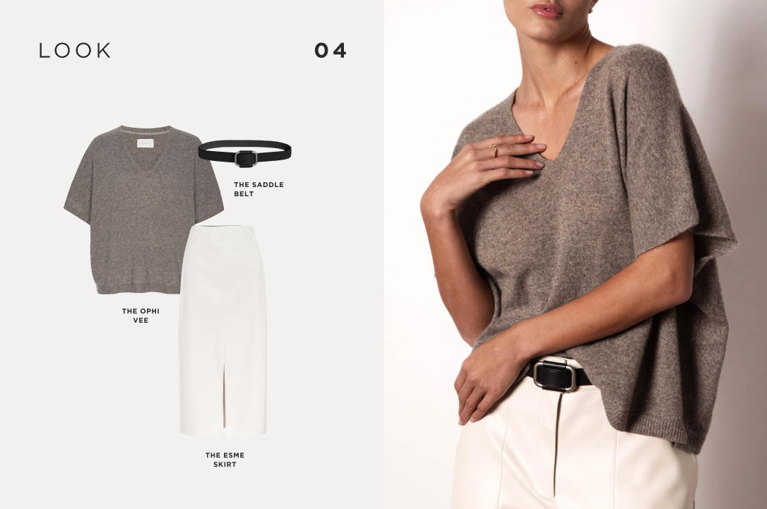 Minimalist outfit featuring a taupe short-sleeve V-neck sweater, white high-waisted skirt, and a black leather belt for a refined, monochrome look.