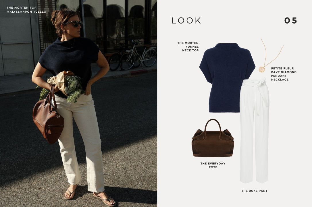 Chic street-style look with a navy funnel neck top, white wide-leg pants, brown leather tote, and gold pendant necklace for effortless elegance.