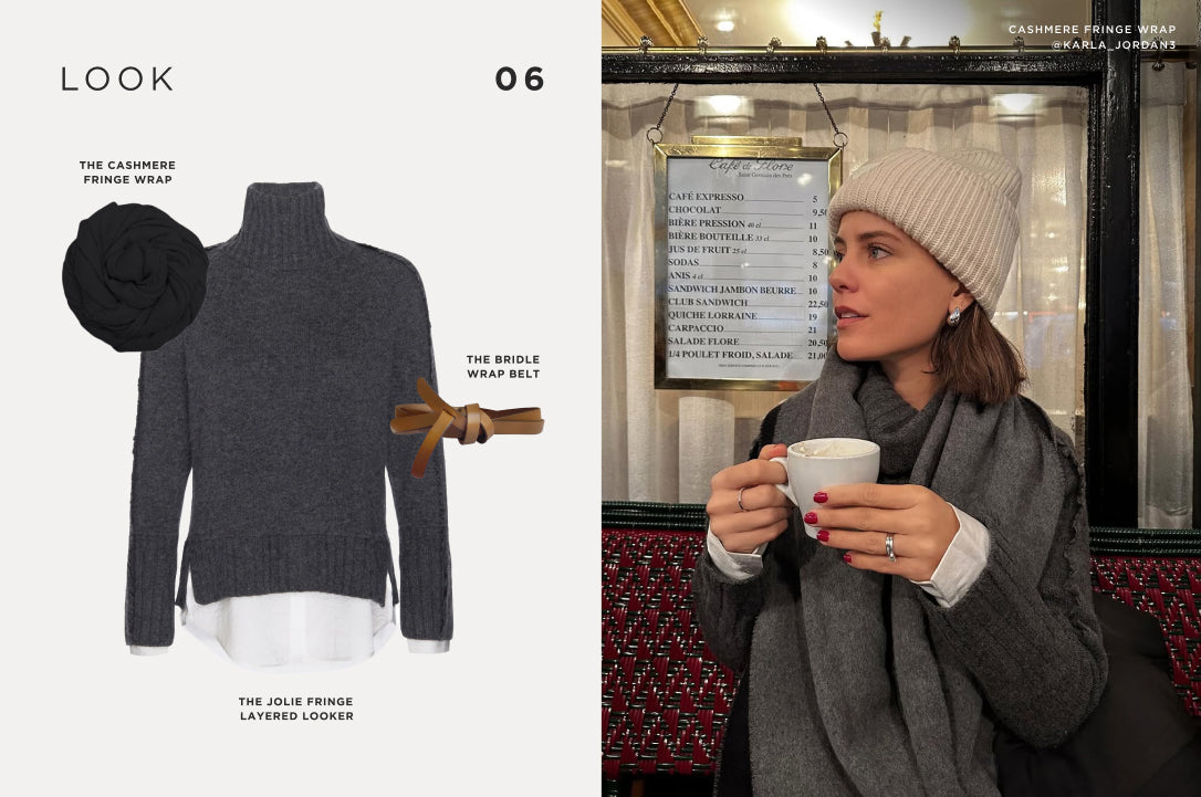 Cozy winter outfit featuring a dark gray turtleneck layered over a white shirt, styled with a cashmere fringe wrap and bridle wrap belt for added texture.