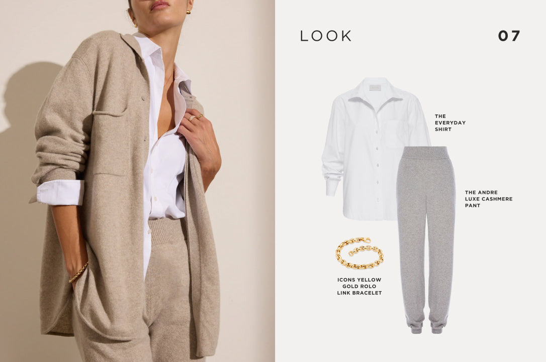 Elevated loungewear featuring a soft beige cashmere cardigan over a crisp white shirt, styled with matching knit pants and a gold bracelet for a luxe finish.