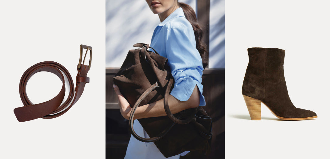 A collection of accessories featuring a brown leather belt, a suede tote bag, and matching suede boots, showcasing timeless wardrobe essentials.